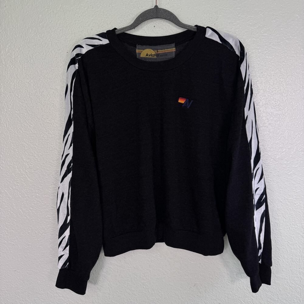 Aviator Nation Sweatshirt Womens Small Zebra Stripe Crewneck Crew Sweater Logo